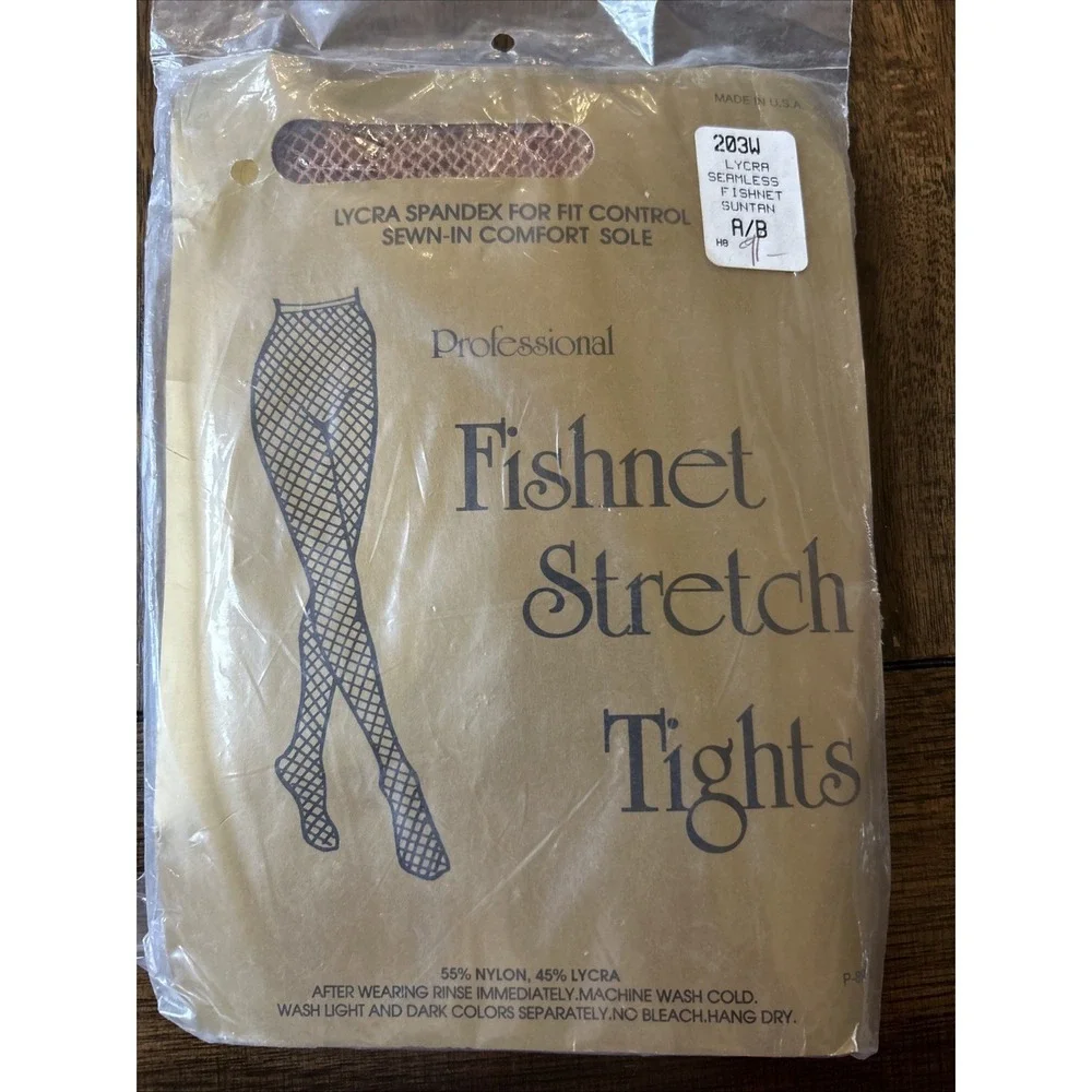 Vintage Professional Fishnet Stretch Tights Tan Adult Size A/B